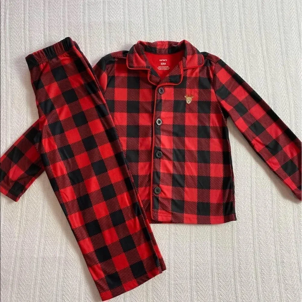 Carter’s Boys Plaid Pajama Set with embroidered deer on shirt